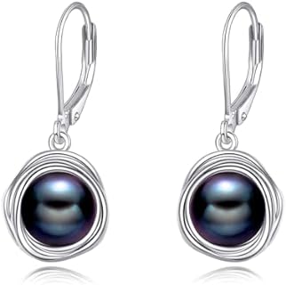 Lever Back Black Pearl Dangle Earrings in 925 Sterling Silver for Women and Girls - Hypoallergenic