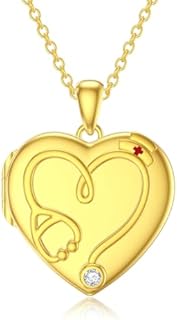 Blocaci Locket Necklace for Women Solid Gold Heart Locket with Picture Personalized Photo Locket Necklace 10K 14K 18K Yellow Gold/White Gold/Rose Gold 16"-24" Free Engraving
