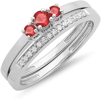 14K Gold Round Ruby and White Diamond Engagement Ring Set, 3 Stone Design, for Women, Size 5