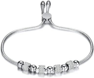 Lobster Claw Stainless Steel Bracelet with Cubic Zirconia Bead Chain Design for Women - Adjustable Size