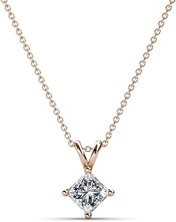 Spring Ring Clasp, 14K Rose Gold Chain, Princess Cut Diamond Pendant Necklace for Women, Natural 3/4 ct Double Bail Solitaire Design