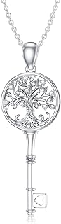 Diamond-Studded Key and Tree of Life Pendant Necklace in 925 Sterling Silver Rolo Chain for Women - Ideal Eco-Friendly Gift for Mom, Wife, Girlfriend, Daughter