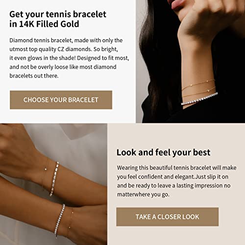 14K Gold Filled 3MM Cubic Zirconia Classic Tennis Bracelet | Gold Link Bracelets for Women Girls