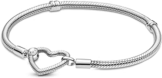 PANDORA Moments Heart Clasp Snake Chain Bracelet - Charm Bracelet for Women - Compatible with PANDORA Moments Charms - Mother's Day Gift - Sterling Silver - With Gift Box