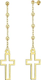 MIONZA 14K Solid Gold Cross Stud Earrings, Dainty Drop Chain Dangle Earrings, Religious Jewelry Gift for Women or Girl, 925 Sterling Silver Gift for Women (14K Solid Gold)