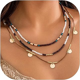 ALEXTINA Multi-Layer Boho Beaded Necklace with Star and Coin Pendants on a Cable Chain