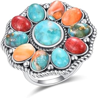 Turquoise Ring for Women 925 Sterling Silver Vintage Boho Flower Ring Bohemian Statement Rings Turquoise/Coral/Oyster Shell Western Style Engagement Wedding Band Size 6-9