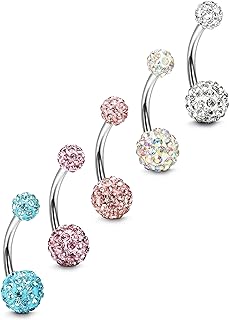 FIBO STEEL 5 Pcs 14G Stainless Steel Belly Button Rings Navel Barbell Body Jewelry Piercing
