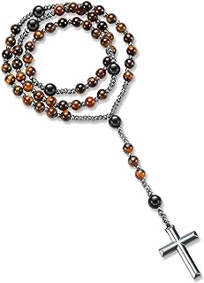 Jesus Crucifix Rosary Beads Necklace for Men Women Hematite and Matte Black Agate Cross Necklace