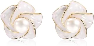 Luxury Flower Pearl Stud Earrings for Women Girls Sterling Silver Handpicked White Freshwater Cultured Pearl Earrings Studs Camellia Earrings 14K Gold Plated