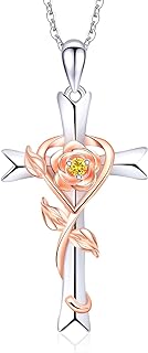 RIVIKO Sterling Silver & Cubic Zirconia Cross Rose Pendant Necklace with O Chain and Lobster Claw Clasp for Women and Girls