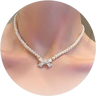 Bow Necklace for Women Trendy Gold Bow Pearl Choker Necklace Silver Elegant Bow Chain Necklace Vintage Wedding Pearl Bow Necklace for Bridesmaid White Pearl Beaded Necklace Jewelry for Girls