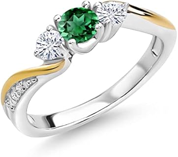 10K Yellow Gold & 925 Silver 3-Stone Engagement Ring with Green Nano Emerald, White Moissanite & Lab-Grown Diamonds for Women - Available in Sizes 5 to 9