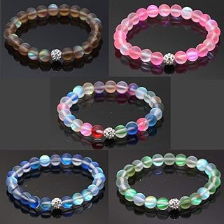 5Pcs Mystic Mermaid Glass Friendship Bracelet with 8 mm Frosted White Glowing Moonstone Beads Stretch Bracelet with Rhistone Love Charm for Women Girl Jewelry
