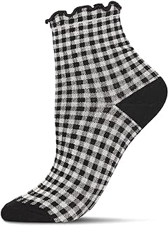Women's Stylish Gingham Ruffle Anklet Socks in Cotton Blend for Cozy Comfort, Perfect for Casual & Formal Wear