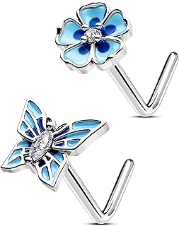 OUFER 2PCS Nose Rings Studs, 316L Surgical Steel 20G Nose Rings L-shaped Silver, Spring Element Butterfly Flower Design Blue Nose Nostril Piercing Jewelry for Women and Men