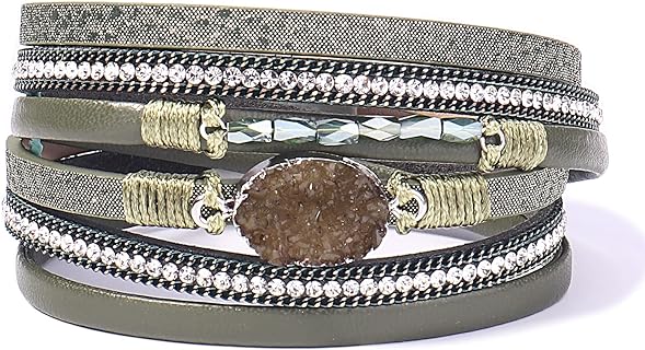 FANCY SHINY Boho Leather Bracelets Double Wrap Cuff Bracelets Crystal Bead Stackable Bracelet with Magnetic Clasp Jewelry Gifts for Women