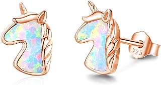 Sterling Silver Unicorn Stud Earrings with Opal Gem and Push Back, Perfect Gift for Women and Daughters - Cute, Hypoallergenic, and Dainty Design