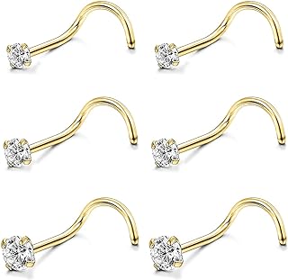 4-6pcs 20g Nose Rings Studs Surgical Steel Nose Rings CZ L Shaped Corkscrew Nose Ring Studs for Women Men Small Cute Silver Rose Gold Black Nose Rings Stud 1.5mm 2mm 2.5mm 3mm Nostril Piercing jewelry