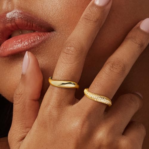 Gold Rings for Women, 14K Gold Plated Wave Rings Stackable Trendy 2PCS Band Ring for Women Cubic Zirconia Ring Set Fashion Jewelry Gift for Women Teen Girls Size 5-10