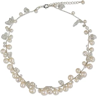 NOVICA Artisan Handmade Cultured Freshwater Pearl Strand Necklace Thai Silk Glass Bead White Beaded Thailand Bridal Birthstone Peace 'River of Snow'