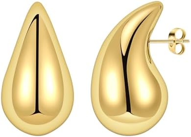 14K Gold Plated, Chunky U-Shaped, Lightweight Water Drop Hoop Earrings for Women, Hypoallergenic and Nickel-free Huggie Hoops with Push Back, Stainless Steel