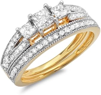 Dazzlingrock Collection 1.00 Carat (ctw) 18k Gold Princess Cut 3 Stone Diamond Engagement Bridal Ring Matching Band Set 1 CT