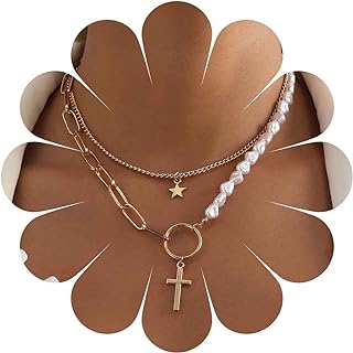 Boho Layered Pearl Cross Necklace Paperclip Cross Pendant Necklace Gold Star Choker Necklace Chain Baroque Pearl Bead Necklace Jewelry for Women and Girls