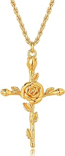 MEVECCO Gold Birth Flower Cross Necklace for Women 12 Month Faith Pendent 18K Gold Plated 2MM Twist Rope Chain Personalized Religious Birthday Jewelry for Her