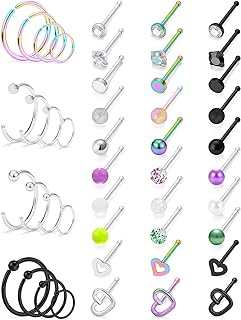 Prjndjw 20G Nose Ring Hoop Stainless Steel Nose Rings for Women Men Studs Piercings Hoop Jewelry 46PCS L Shape/Curved Screw/Straight bar Nose Rings Piercing Jewelry Mix colour Rainbow