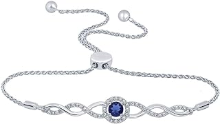 Elmas Round White Diamond Synthetic Blue Sapphire 925 Sterling Silver Infinity Heart Hamsa Evil Eye Strand Bolo Bracelet for Women