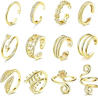 Sanfenly 12PCS Adjustable Toe Rings for Women Gold Silver Black Open Toe Rings Set Flower Arrow Leaf heart CZ Tail Pinky Band Rings Summer Beach Foot Jewelry Set