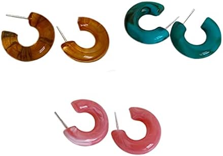 3-Pair Set of Resin Candy Colored C-Shaped Hoop Earrings for Women and Teens - Lightweight Ecetate Acrylic Alloy Gemmed Earrings - Playful Geometric Round Design