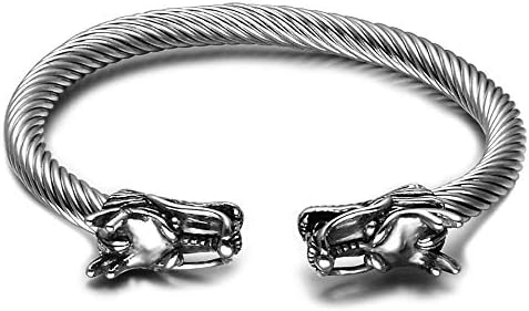 Zircon-Studded Dragon Cuff Bracelet with Easy Hook, Stainless Steel Viking Wolf Skull Design, Unisex Jewelry for Men and Women