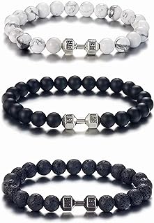 Volcanic & Onyx Stone Beaded Dumbbell Bracelets - 3 Pc Fitness Jewelry Set for Men & Women with Buckle Clasp, Gym Lovers Gift