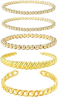 Charming 14K Gold Plated Twisted Bangle Bracelet with Bead Chain and Lobster Clasp for Women and Girls