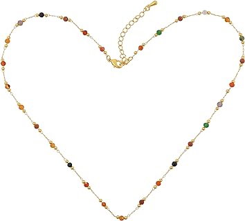 Adjustable 18K Gold Plated Brass Necklace with Multi-Colored Beads for Women and Teens - Boho Design