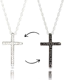 Max + Stone Reversible White & Black Diamond Cross Pendant Necklace 18"-20" Adjustable Chain in Sterling Silver with Secure Spring Ring Clasp, Handcrafted in Thailand
