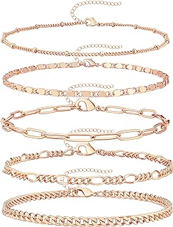 Lobster Claw Clasp Thin Gold Anklet - Rose Gold Cuban Chain for Women - Gokeey Waterproof Layered 14k Plated 5pc Anklet Jewelry Set