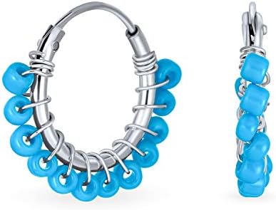Petite Boho Bohemian Red Blue Gemstone Synthetic Turquoise Beaded Mimi Huggie Endless Hoop Earrings Western Jewelry For Women .925 Sterling Silver