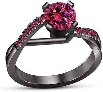 ABHI Round Cut Ruby Solitaire With Accent Engagement Wedding Ring for Women 925 Sterling Silver In 14K Black Gold Over