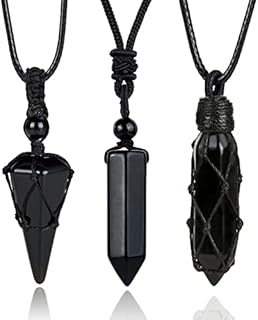 3 Pcs Healing Crystal Necklaces Set for Men Women Natural Amethyst Black Obsidian Hexagonal Point Stone Pendant Necklace Adjustable Rope Quartz Jewelry for Reiki Energy Spiritual