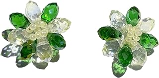 Jade Green Large Flower Crystal Glass Bead Handmade Silver-Post Stud/Clip-on Earrings