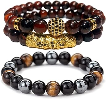 8mm 3 Pcs Bead Chain Tiger Eye Bracelet Set - Black Matte Onyx Stone Beads - Spring Ring Clasp - Ideal for Men and Women - Elegant Yoga Bracelets