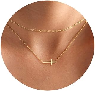 Lobster-Claw Clasp 14K Gold Plated Cross Choker Necklace for Women with Adjustable Dainty Layered Cross Pendant Design