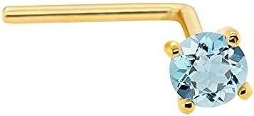Jewelry Avalanche 22G Solid 14Kt Gold L-Shape Nose Stud with real Aquamarine Gemstone, 14kt Yellow Gold or 14kt White Gold Prong Setting - March Birthstone Nose Ring