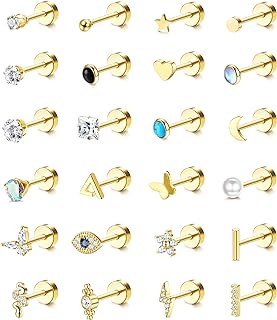 FASACCO 24pcs Stainless Steel Flat Back Stud Earrings with Push Back Design - Diverse Styles for Cartilage Piercing