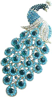 Sindary Peacock Brooch with Rhinestone Crystals and Durable Alloy Pin - Enchanting 4.92" Antique Turquoise Design