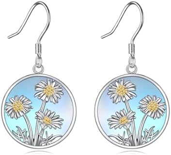 Daisy Moonstone Dangle Earrings with French Wire for Women - 925 Sterling Silver Filigree Flower Design