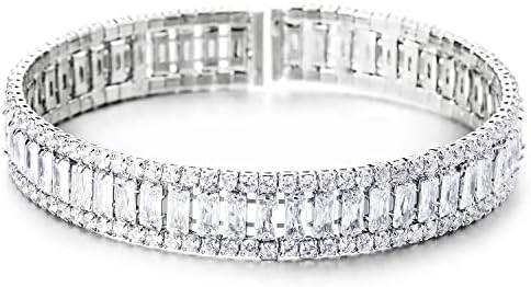 No-Clasp Cubic Zirconia Open Cuff Bracelet for Women, Box Chain Design Alloy Bangle with Dazzling Shine
